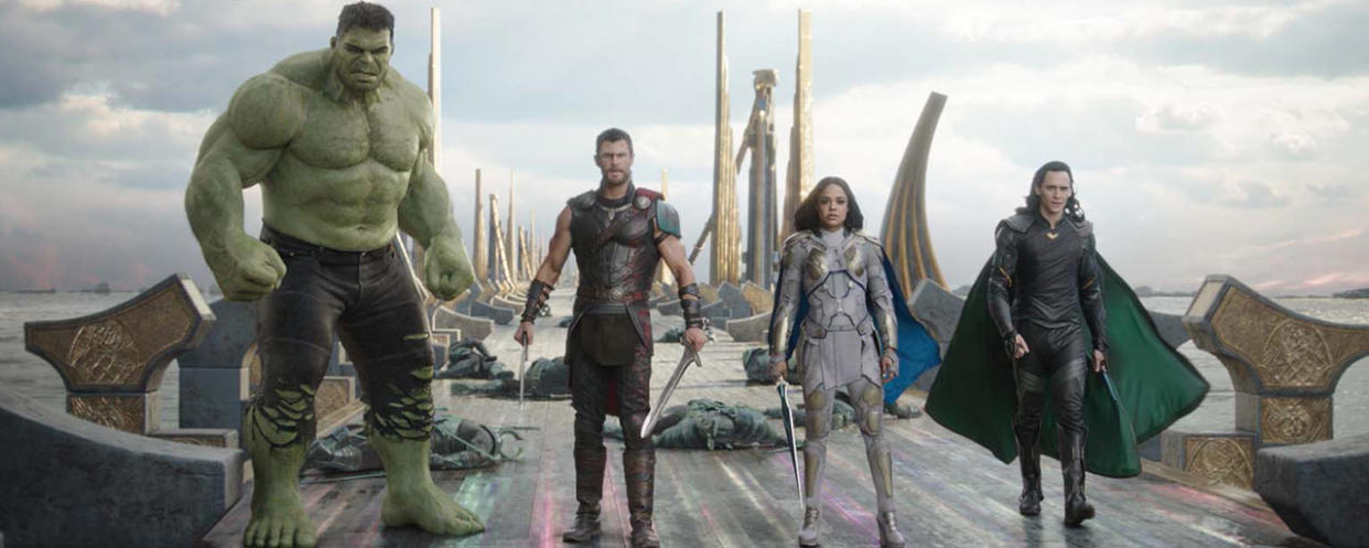 Hulk (Mark Ruffalo), Thor (Chris Hemsworth), Valkyrie (Tessa Thompson), and Loki (Tom Hiddleston) in <em>Thor: Ragarok</em>. (Photo: Marvel Studios)