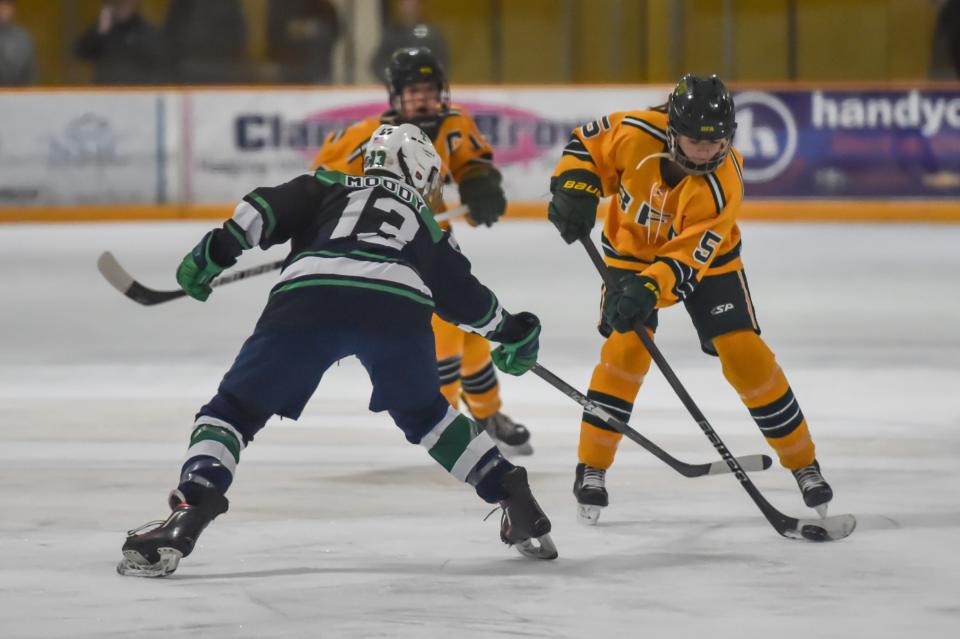 Burlington/Colchester's Norra Moody defends BFA St. Albans' Lily Ferraro during the Comets' 4-2 win over the Sealakers earlier this season at the Collins Perley Sport and Fitness Center.