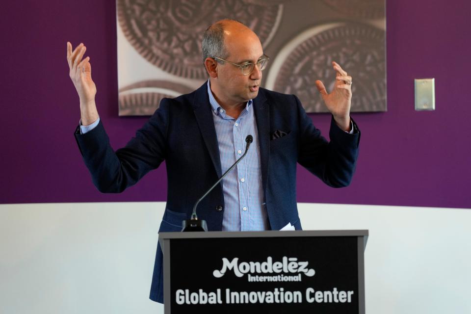 Norb Chaclin, Global SVP of Research & Development for Biscuits and Baked Snacks for Mondelēz International, speaks in Whippany, before the ceremonial ribbon cutting. Monday, May 1, 2023 