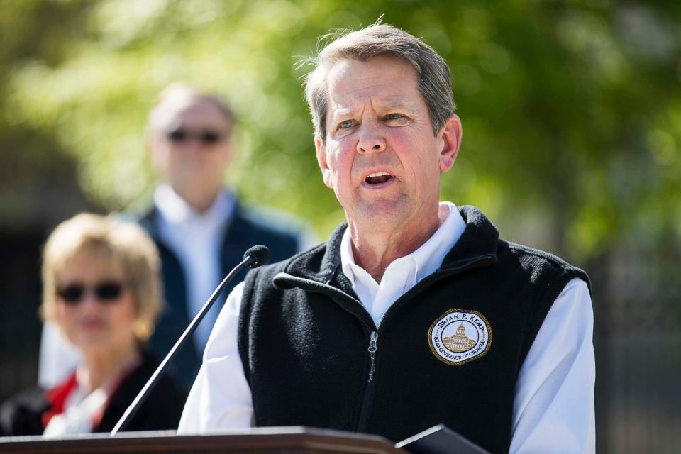 Georgia Gov. Brian Kemp speaks during a news conference at Liberty Plaza across the street from the Georgia state Capitol building in downtown Atlanta, April 1, 2020.