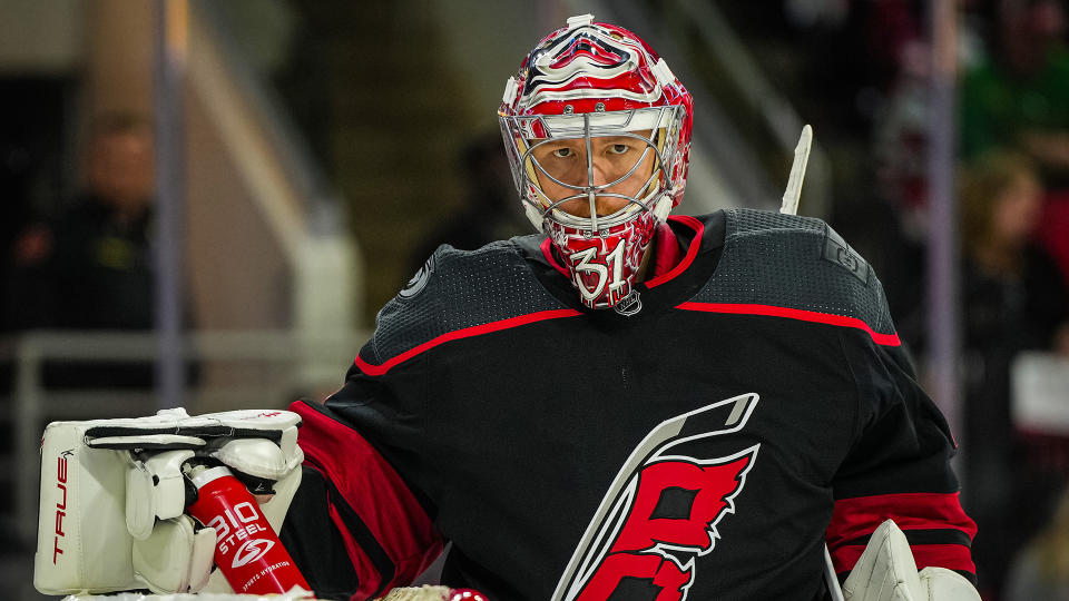 Hurricanes goalie Frederik Andersen will be sidelined indefinitely. (Photo by Josh Lavallee/NHLI via Getty Images)