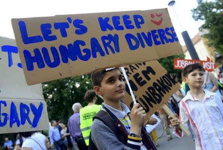 A boy attends a protest against Hungarian Prime Minister Viktor Orban's immigration policy proposals in central Budapest, Hungary, May 19, 2015. REUTERS/Bernadett Szabo