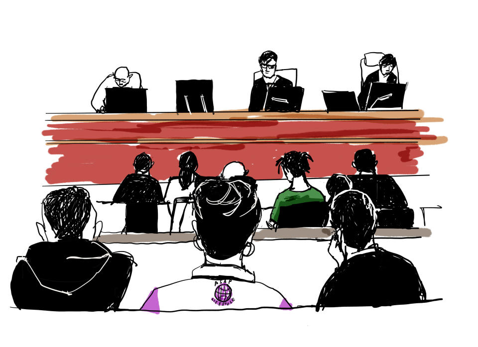 This courtroom sketch, created July 30, shows A$AP Rocky (in the green shirt) during his trial at the district court in Stockholm. (Photo: ANNA HARVARD/AFP/Getty Images)