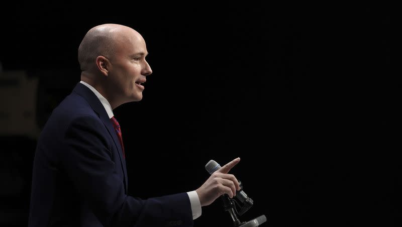 Gov. Spencer Cox speaks to reporters at the PBS monthly news conference at the Eccles Broadcast Center in Salt Lake City on Thursday, Feb. 15, 2024.