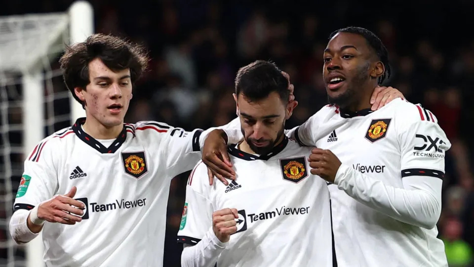 Anthony Elanga, Bruno Fernandes, Facundo Pellistri, Manchester United, January 2023 Credit: Alamy