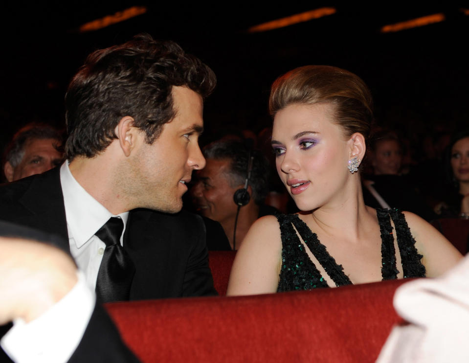 (EXCLUSIVE, Premium Rates Apply) NEW YORK - JUNE 13:  (EXCLUSIVE COVERAGE; PREMIUM RATES APPLY) Ryan Reynolds and Scarlett Johansson in the audience at the 64th Annual Tony Awards at Radio City Music Hall on June 13, 2010 in New York City.  (Photo by Kevin Mazur/WireImage)