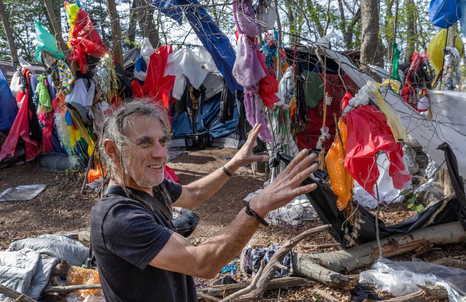 John Eustor, who calls himself a practicing shaman, lives at the Neptune homeless encampment. 4/19/23