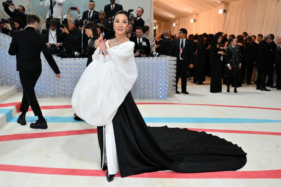 Malaysian actress Michelle Yeoh arrives for the 2023 Met Gala at the Metropolitan Museum of Art on May 1, 2023, in New York. - The Gala raises money for the Metropolitan Museum of Art's Costume Institute. The Gala's 2023 theme is "Karl Lagerfeld: A Line of Beauty." (Photo by ANGELA WEISS / AFP) (Photo by ANGELA WEISS/AFP via Getty Images)