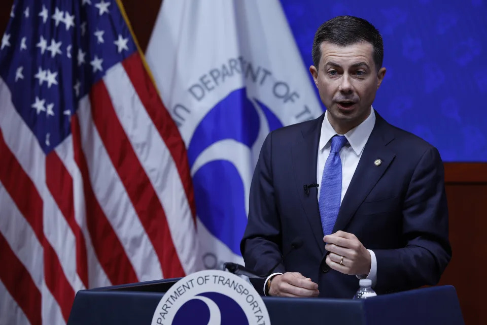 WASHINGTON, DC - MAY 23: U.S. Transportation Secretary Pete Buttigieg holds a news conference about summer air travel at the department's headquarters on May 23, 2023 in Washington, DC. Airlines and regulators are preparing for the number of American travelers to eclipse or surpass the pre-pandemic high from 2019 and working to avoid a situation like last year's air travel meltdowns. (Photo by Chip Somodevilla/Getty Images)