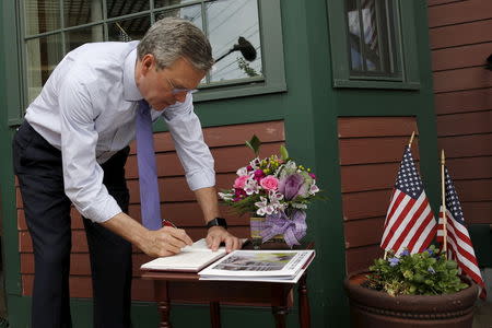 Potential 2016 Republican presidential candidate and former Florida Governor Jeb Bush signs a guest book before speaking to the Greater Salem Chamber of Commerce in Salem, New Hampshire May 21, 2015. REUTERS/Brian Snyder