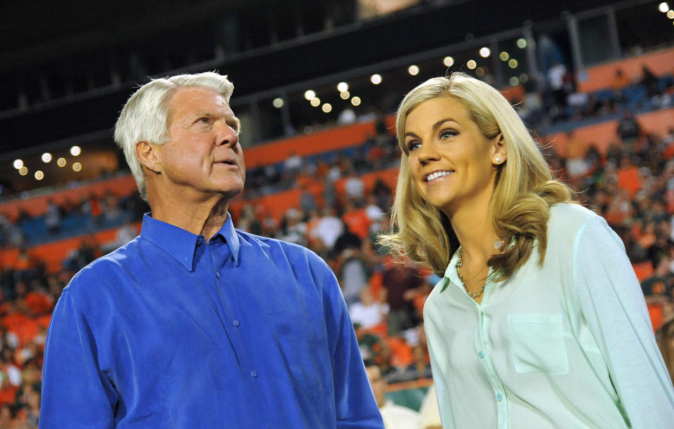 Sideline reporter Samantha Steele (right) is seen talking with former Miami Hurricanes head coach Jimmy Johnson (left) during a game. (US Presswire)