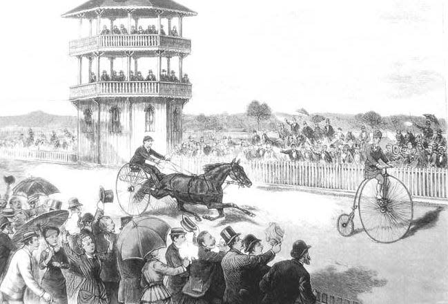 Elsa Von Blumen races her bicycle against Hattie R, a famous trotting horse, at Driving Park in Rochester on May 24, 1881. Image from Frank Leslie's Illustrated Newspaper.