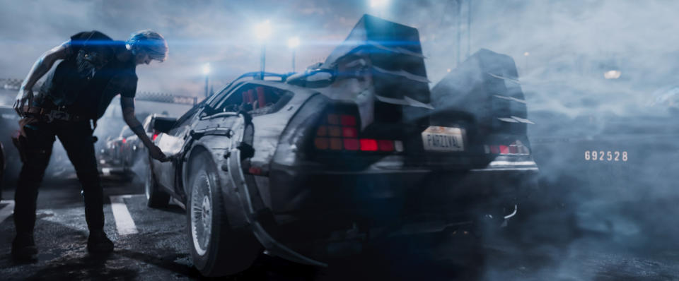 Marty McFly’s DeLorean from <em>Back to the Future</em> is a major presence in <em>Ready Player One</em>. (Photo: Warner Bros. Pictures/Courtesy Everett Collection)