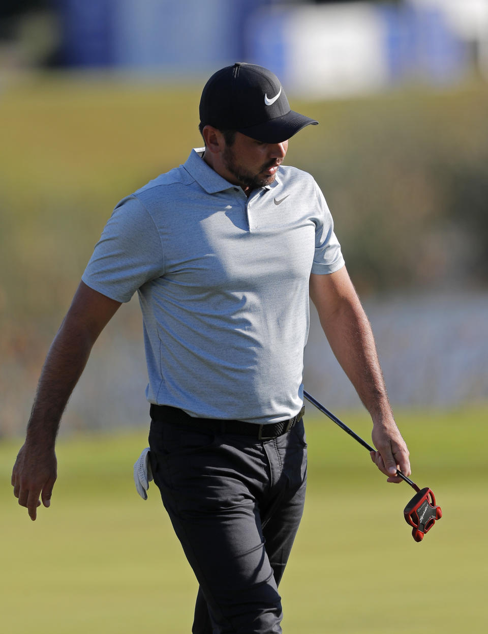 Jason Day of Australia reacts after missing his shot on the 18th green during the first round of the PGA Zurich Classic golf tournament at TPC Louisiana in Avondale, La., Thursday, April 25, 2019. (AP Photo/Gerald Herbert)