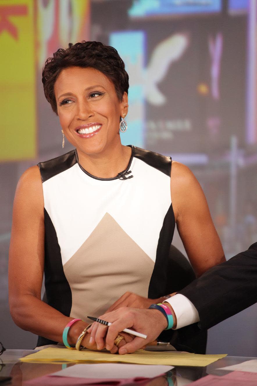 This image released by ABC shows "Good Morning America" co-host Robin Roberts on the popular morning show on Thursday, Aug. 30, 2012 in New York. Roberts has said goodbye to "Good Morning America," but only for a while. The "GMA" anchor made her final appearance Thursday before going on medical leave for a bone marrow transplant. Roberts' departure was first planned for Friday, but she chose to exit a day early to visit her ailing mother in Mississippi. In July she first disclosed that she has MDS, a blood and bone marrow disease. She will be hospitalized next week to prepare for the transplant. The donor will be her older sister, Sally-Ann Roberts. (AP Photo/ABC, Fred Lee)