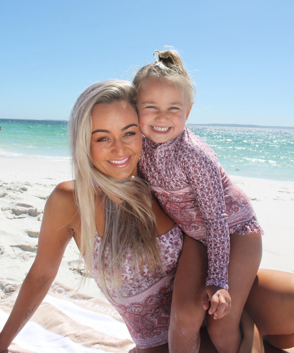 Hyams Beach Swim Mini & Me matching Pink Boho set, women's one piece, $109.95 and mini one piece, $54.95. Photo: supplied.