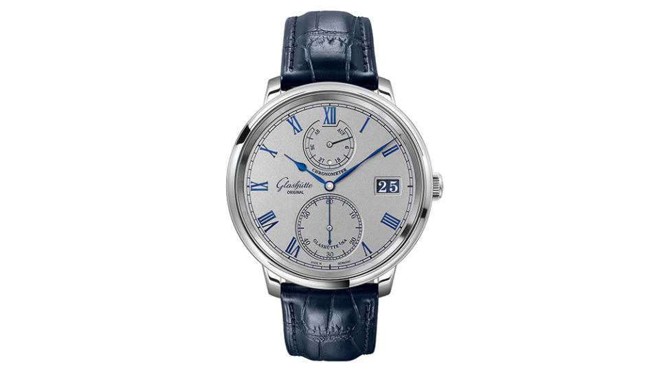 Close-up look at Glashütte’s new Senator Chronometer in silver and blue