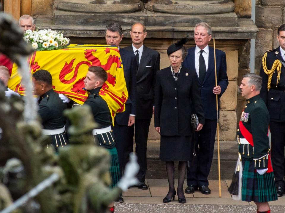 Princess Anne (centre) will accompany her mother’s body as it is flown to London by RAF aircraft on Tuesday (Lisa Ferguson/WPA Pool/Getty Images)