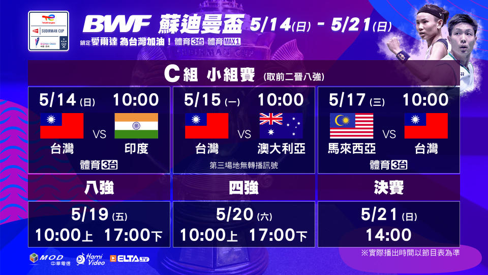 2023 bwf蘇迪曼盃中華隊賽程預告。官方提供