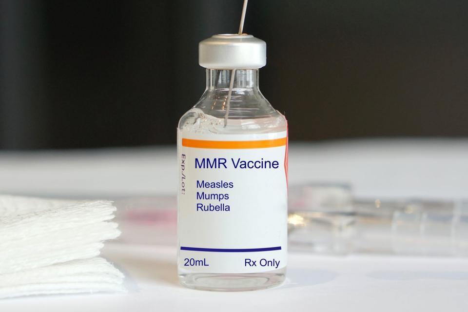 <p>Getty</p> A bottle filled with the measles vaccine