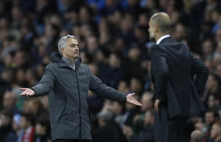 Britain Soccer Football - Manchester City v Manchester United - Premier League - Etihad Stadium - 27/4/17 Manchester United manager Jose Mourinho and Manchester City manager Pep Guardiola Reuters / Darren Staples Livepic