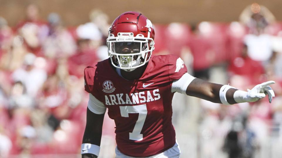 Arkansas defensive back Latavious Brini (7) against South Carolina during an NCAA football game on Saturday, Sept. 10, 2022, in Fayetteville, Ark. (AP Photo/Michael Woods)