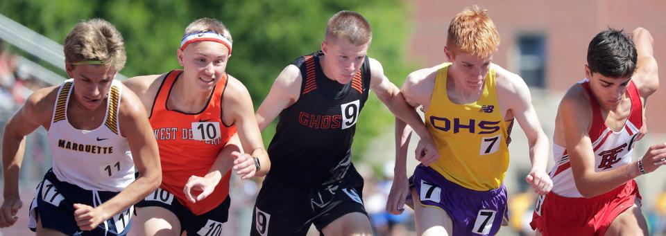 The start of the 1,600 meter run Division 1 final during the WIAA state track meet on Friday, June 3, 2022 at Veterans Memorial Stadium Complex in La Crosse, Wis.