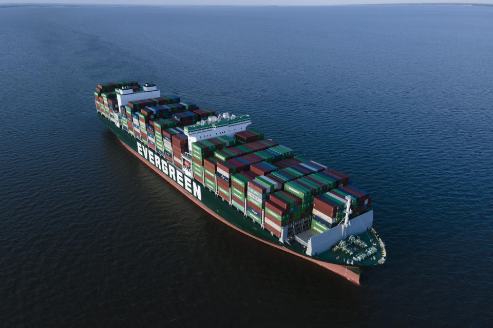 The container ship Ever Forward, which ran aground in the Chesapeake Bay off the coast near Pasadena, Md., the night before, is seen Monday, March 14, 2022. (AP Photo/Julio Cortez)