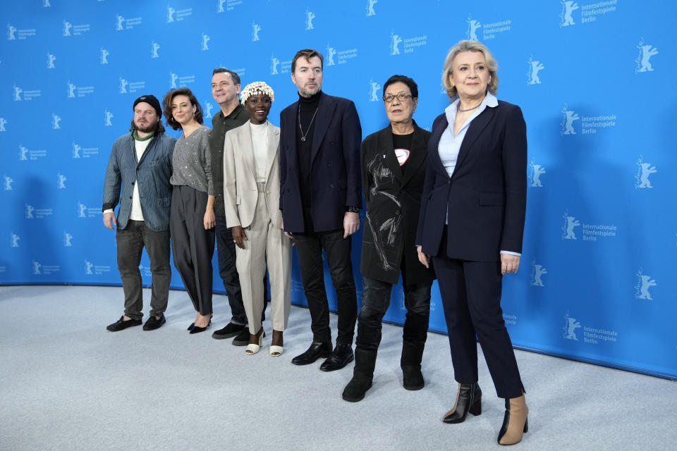 The Film Festival, Berlinale International Jury from left, Brady Corbet, Jasmine Trinca, Christian Petzold, Lupita Nyong'o, Albert Serra, Ann Hui and Oksana Zabuzhko pose for media during a photo-call at the opening day of International Film Festival, Berlinale, in Berlin, Thursday, Feb. 15, 2024. The 74th edition of the festival will run until Sunday, Feb. 25, 2024 at the German capital. (AP Photo/Ebrahim Noroozi)