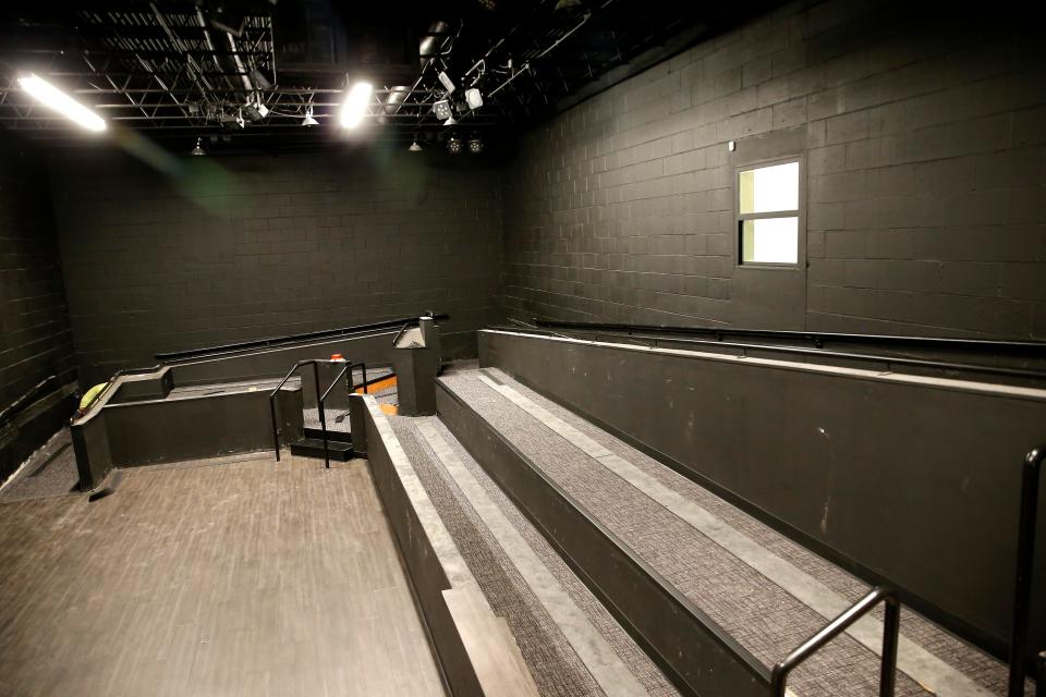 During its renovations, Oklahoma Shakespeare in the Park's bigger indoor stage, surrounded by a wheelchair ramp, is shown in its Paseo Arts District home, in Oklahoma City, Tuesday, July 20, 2021. The company will debut the revamped black box theater July 29, opening night for its production of "Venus in Fur."