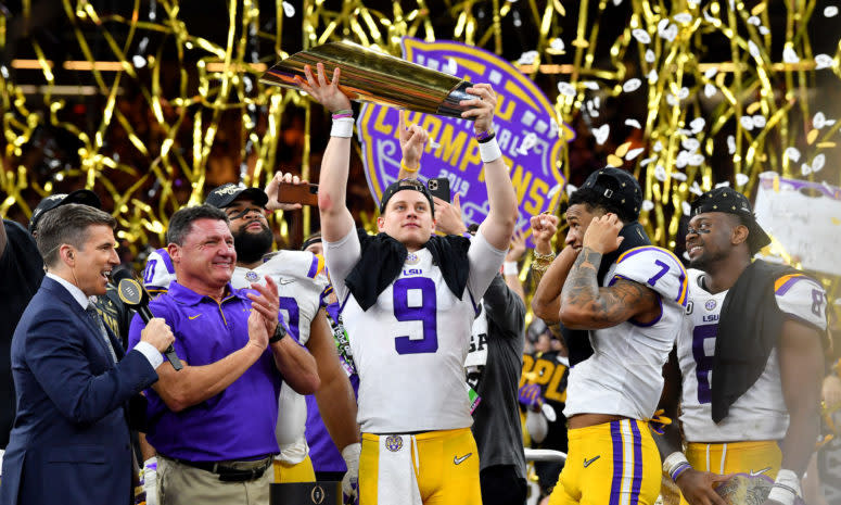 Joe Burrow, the No. 1 pick in the 2020 NFL Draft and LSU football celebrates winning the college football playoff national title.