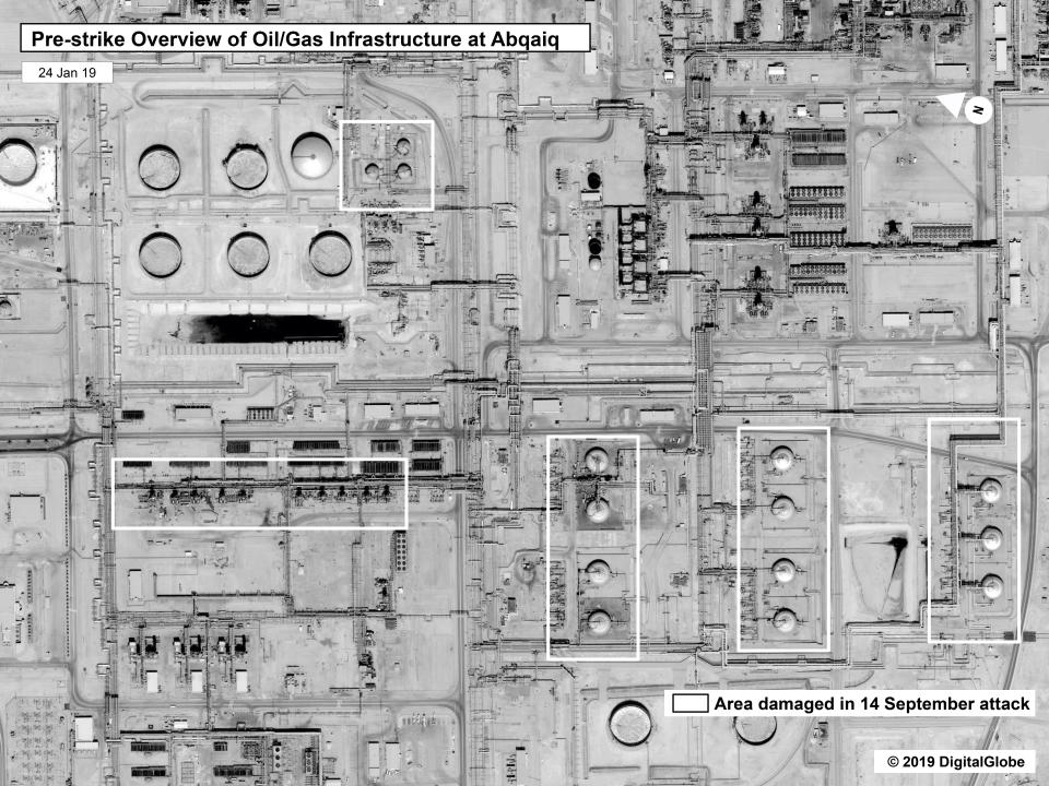 This image provided on Sunday, Sept. 15, 2019, by the U.S. government and DigitalGlobe and annotated by the source, shows a pre-strike overview at Saudi Aramco's Abaqaiq oil processing facility in Buqyaq, Saudi Arabia. The drone attack Saturday on Saudi Arabia's Abqaiq plant and its Khurais oil field led to the interruption of an estimated 5.7 million barrels of the kingdom's crude oil production per day, equivalent to more than 5% of the world's daily supply. (U.S. government/Digital Globe via AP)