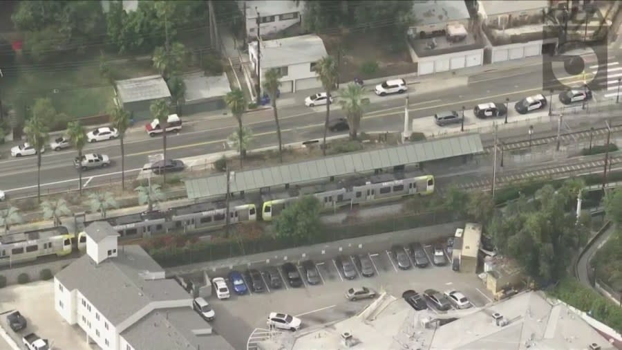 A person was hospitalized after being stabbed on a Metrolink train in Highland Park on Sept. 1, 2023. (KTLA)