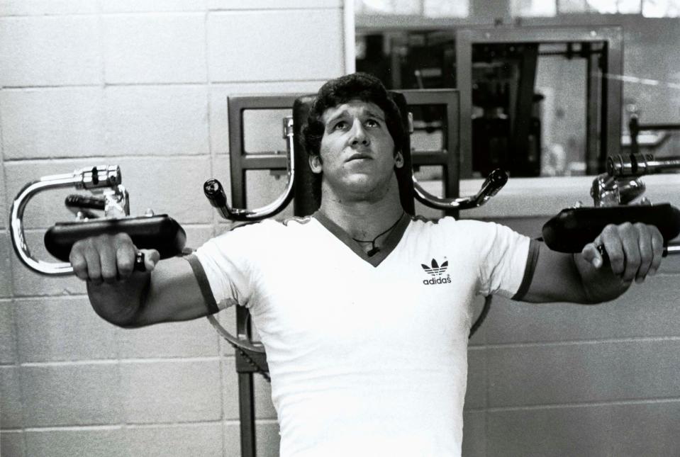 Buffalo Bills linebacker Tom Cousineau poses for pictures during a workout on the Ohio State campus. Tom Cousineau was the first overall draft pick in 1979 NFL draft.