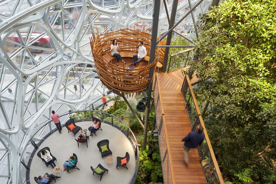 Nature rules. Biophilia is a buzzword that refers to our innate love of nature. Data shows that exposure and access to the living world can improve student test scores, heal patients faster, make us more productive, and generally lift our spirits. Unsurprisingly, buildings from schools to hospitals are testing the theory, but The Spheres at Amazon's Seattle campus may be among the most sensational examples of bringing nature to work. Home to more than 40,000 cloud forest plants, the curved glass orbs were designed by NBBJ to provide a place for employees to step away from their desks, think creatively, and collaborate.