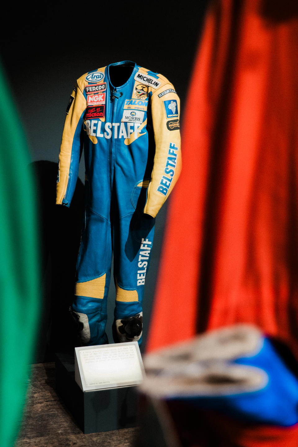 Belstaff early 2000s racing suit at the archive exhibition. 