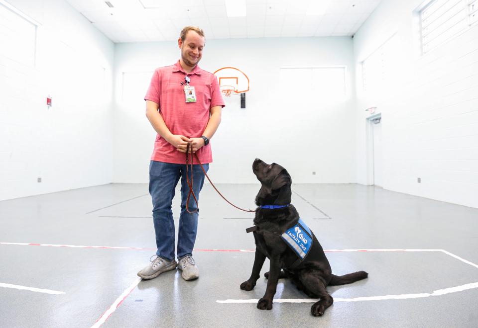 Duo Dog Derby, a 3-year-old English Labrador, and his handler Ethan Potter, a Clinical Counselor at the Greene County Juvenile Office, on Thursday, Aug. 11, 2022. Derby works as a facility dog at the Greene County Juvenile Office and is trained to provide emotional assurance.