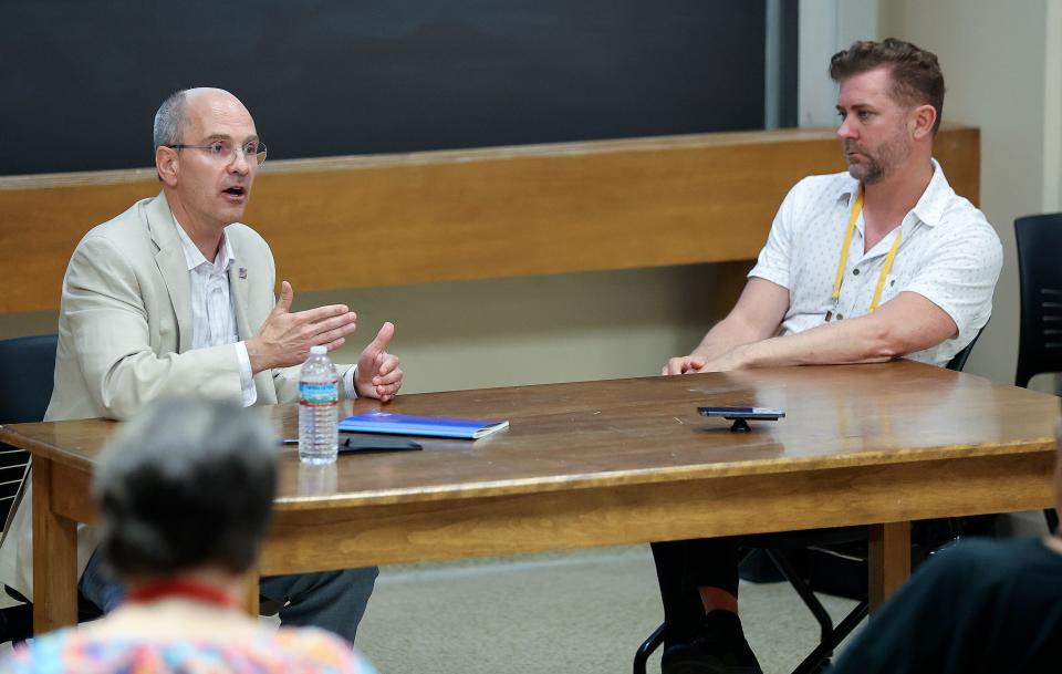 Paul Edwards, executive director of BYU’s Wheatley Institute, and Troy Williams, Equality Utah executive director, talk about the “Utah Way” during a breakout session at the Braver Angels National Convention at Gettysburg College in Gettysburg, Pa., on Friday, July 7, 2023. | Kristin Murphy, Deseret News