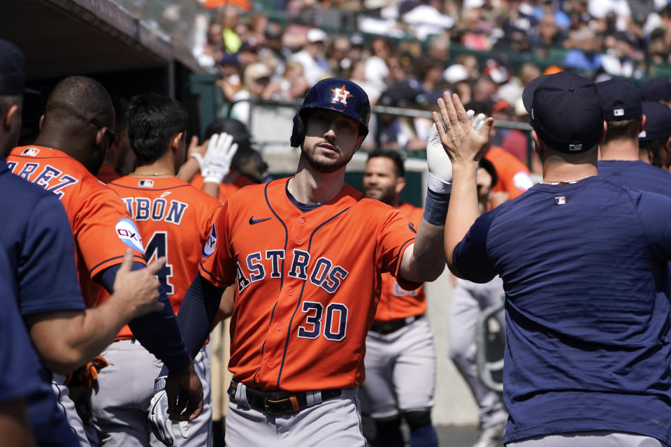 Houston Astros' Kyle Tucker celebrates his two-run home run against the Detroit Tigers in the third inning of a baseball game, Sunday, Aug. 27, 2023, in Detroit. (AP Photo/Paul Sancya)