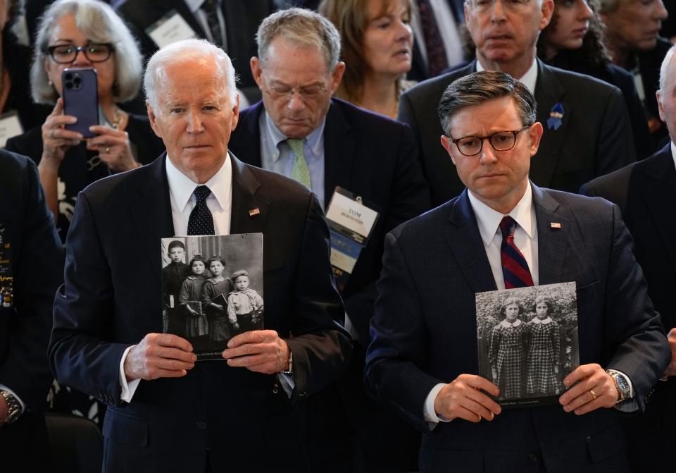 President Joe Biden, House and Speaker of the House Mike Johnson, (R-LA) at the U.S. Holocaust Memorial Museum’s Days of Remembrance ceremony at the U.S. Capitol in Washington on Tuesday, May 7, 2024.