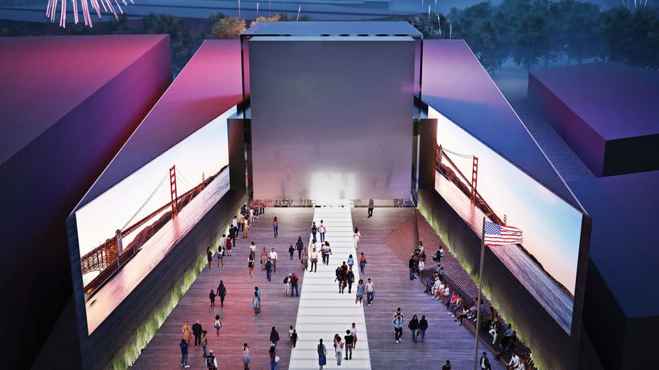 The renderings show large LED screens around the central plaza which will show US landmarks, national parks and other iconic images. - Courtesy Trahan Architects