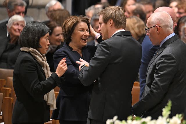 <p>Jim Watson-Pool/Getty </p> U.S. Trade Representative Katherine Tai (L) and U.S. Sen. Amy Klobuchar (2nd L) (D-MN) arrive for the memorial service for late retired Supreme Court Justice Sandra Day O'Connor at the National Cathedral on December 19, 2023 in Washington, DC.