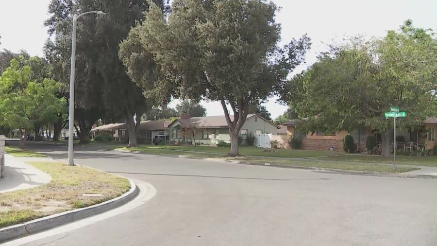 The Riverside neighborhood where Michael Rangel, a grandfather and veteran, was shot and killed on his front lawn on Oct. 28, 2023. (KTLA)