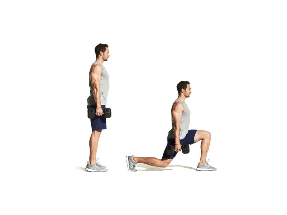 How to Do It:<ol><li>Stand with feet hip-width apart, holding a dumbbell in each hand, palms facing one another. </li><li>Step forward with one leg and lower your body until your rear knee nearly touches the floor and your front thigh is parallel to the floor. </li><li>Stand tall and step forward with your rear leg to perform the next rep. That's one rep.</li></ol>