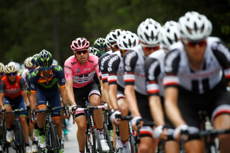 Pink Jersey Tom Dumoulin from Netherlands rides in the peloton during the 17th stage of the 100th Giro d'Italia on May 24, 2017