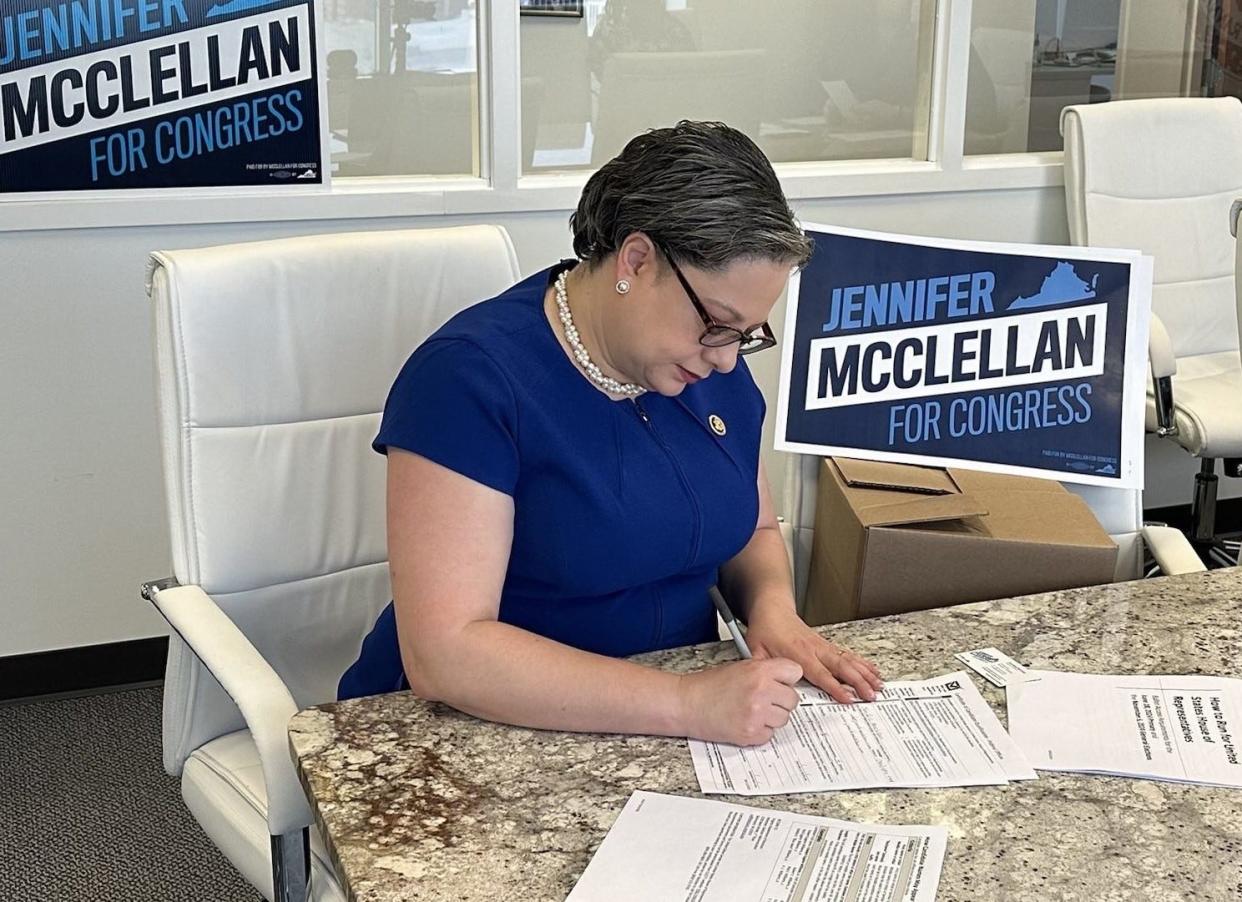In this photo released Tuesday, March 19, 2024, by her campaign, Rep. Jennifer McClellan, D-4th, signs her re-election campaign paperwork. To date, she is the only canddate in either party to file for the June 18 Democratic and Republican primaries.