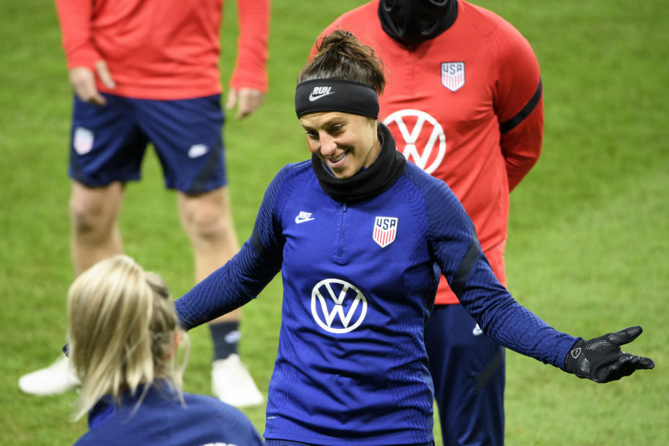 Carli Lloyd of the US and her teammates train at Friends arena in Stockholm, Sweden, Friday April 9, 2021, ahead of the friendly international soccer match against Sweden on Saturday. (Henrik Montgomery/TT News Agency via AP)