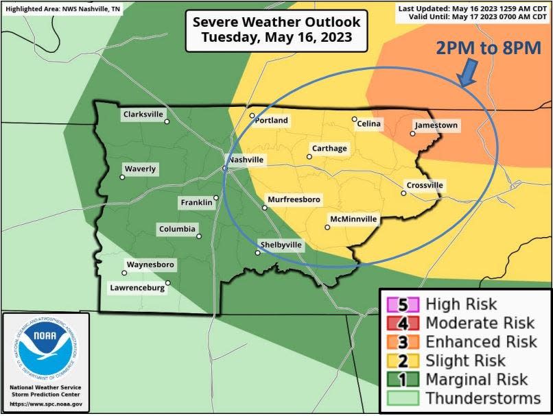 Middle Tennessee is at risk for some strong to severe storms, possible damaging winds and large hail on Tuesday, May 16, 2023.