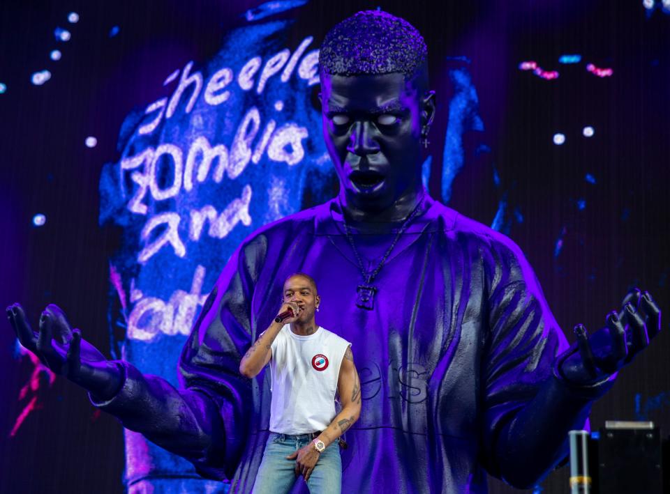 Kid Cudi performs in the Sahara tent during the Coachella Valley Music and Arts Festival in Indio, Calif., Sunday, April 21, 2024.