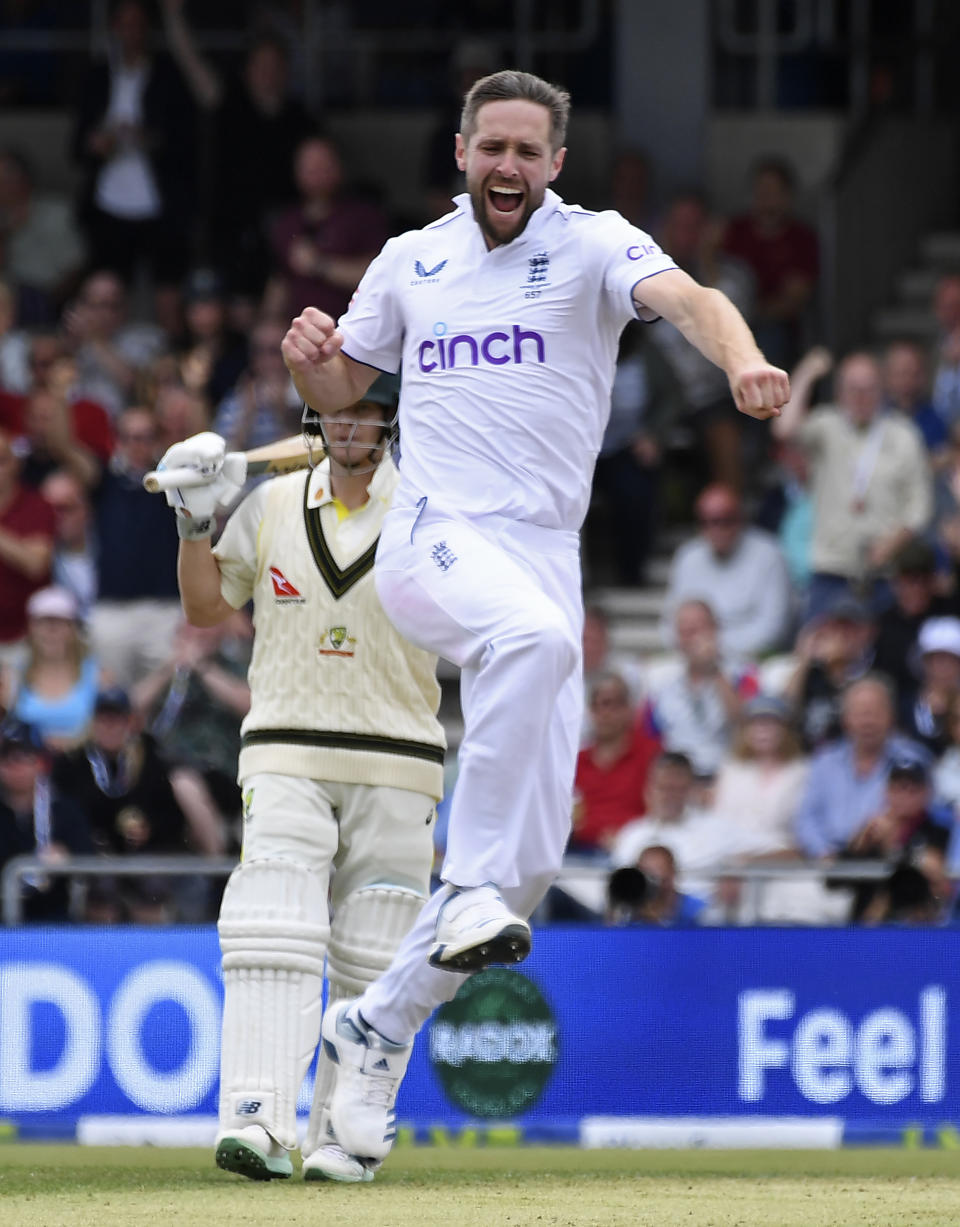 England's Chris Woakes celebrates the dismissal of Australia's Marnus Labuschagne during the first day of the third Ashes Test match between England and Australia at Headingley, Leeds, England, Thursday, July 6, 2023. (AP Photo/Rui Vieira)